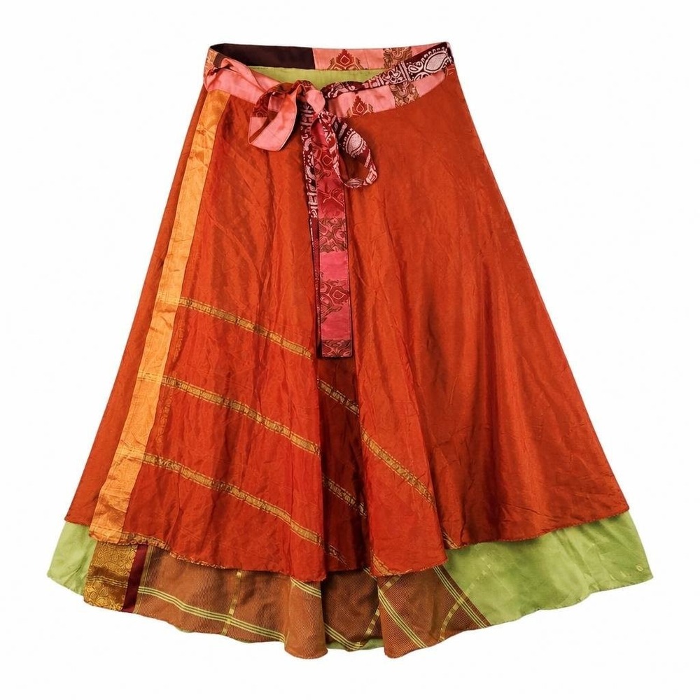 Darn Good Yarn Sari Wrap Skirt Womens XL 14-20 Silk Maxi Boho Gypsy Festival